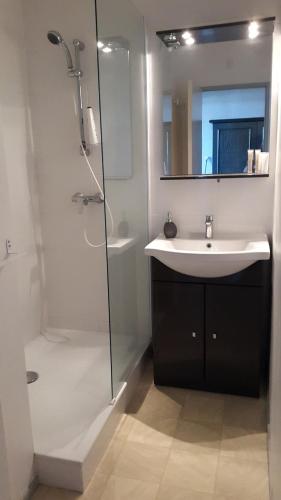 une salle de bain avec un lavabo et une douche en verre dans l'établissement Residence Beaupre, à Canet