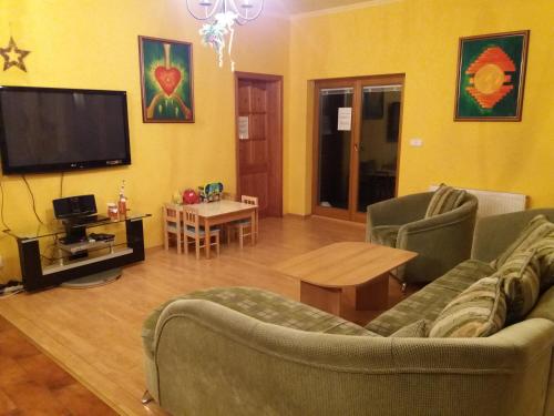 a living room with a couch and a tv at Villa Holiday in Karlovy Vary