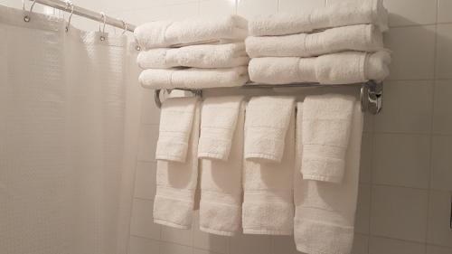 a bunch of towels on a rack in a bathroom at Cozy 2-Bedroom Apartment #25 by Amazing Property Rentals in Gatineau