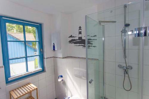 a bathroom with a shower with a window and a glass door at Ferienwohnung Rügen-Freiheit in Putgarten