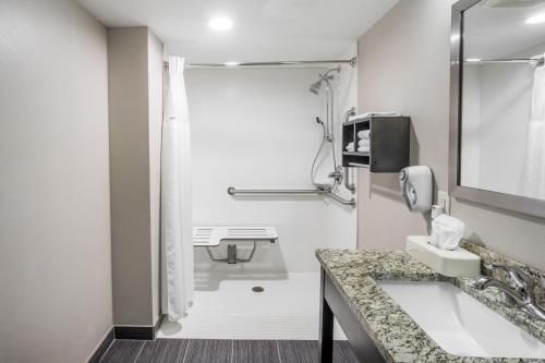 a bathroom with a sink and a shower at Baymont by Wyndham Clarksville in Clarksville