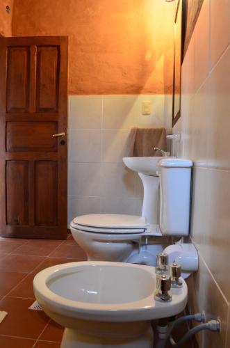 a bathroom with a toilet and a sink at Finca El Carmen Cabañas in Angastaco