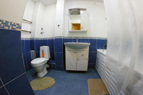 a blue and white bathroom with a toilet and a sink at Studio in the center VLKSM 13 in Tyumen