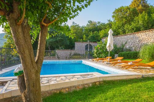 a swimming pool with chairs and a tree at Apartman Jurja in Ledenice