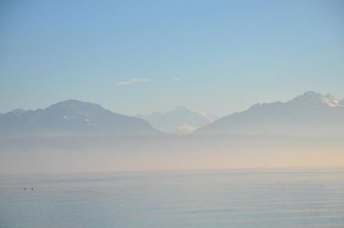 a view of the ocean with mountains in the background at BnB chez Fanfan in Morges