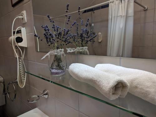 baño con encimera de cristal con toallas y espejo en Guesthouse Bajc, en Vrhnika