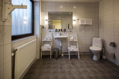a bathroom with a sink and a toilet and a mirror at Home Hotel Bristol in Arvika