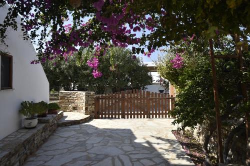 a garden with a wooden fence and pink flowers at Hippocampus Studios in Antiparos Town
