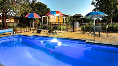 two umbrellas and a swimming pool with chairs and umbrellas at Castle Creek Motel in Euroa