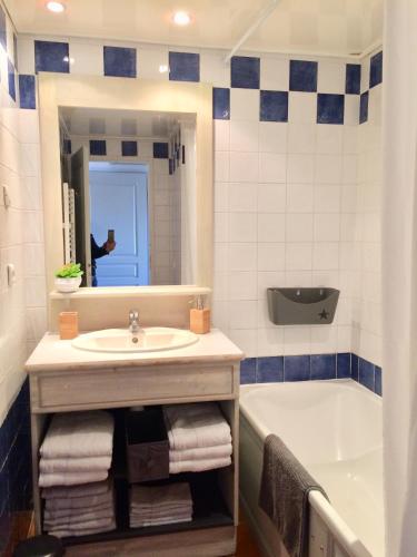 une salle de bain avec un lavabo, une baignoire et un miroir dans l'établissement Appart les terrasses du Liouquet, à La Ciotat