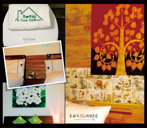 a collage of pictures of a hotel room with a tree mural at Home & Teak Homestay in Jinning