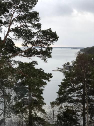 a view of a lake with a house in the distance at Nynäs Havsbad in Nynäshamn