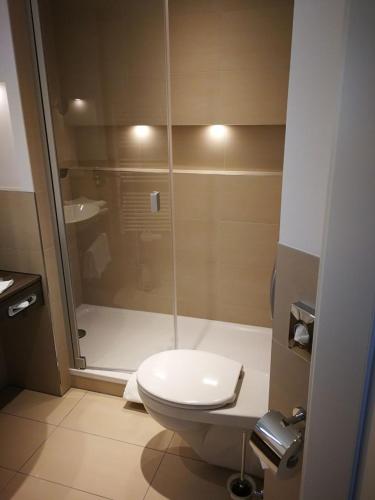 a bathroom with a toilet and a shower at Ringhotel Villa Margarete in Waren