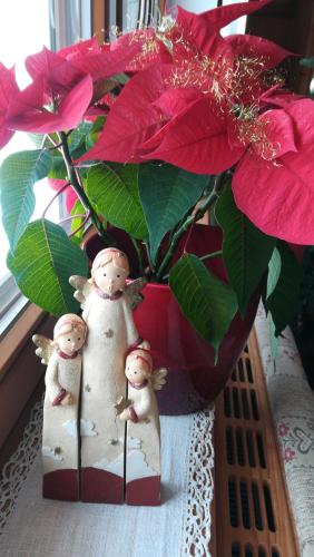 a group of three figurines next to a potted plant at Waldrast in Finkenberg