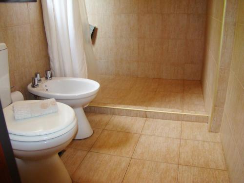 a bathroom with a white toilet and a shower at Apart Entrepiedras in Merlo