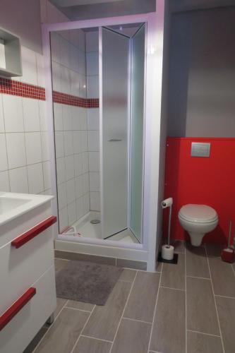 une salle de bain avec douche et toilettes dans l'établissement La Petite Maison, à Theillay