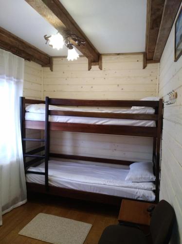 two bunk beds in a room with wooden walls at Hotel Dykyi Med in Tatariv