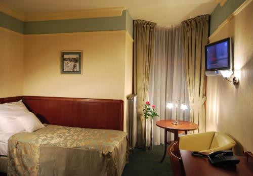a hotel room with a bed and a television at Hotel Victoria in Włocławek