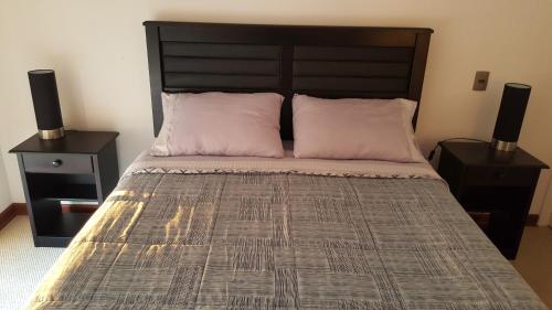 a bedroom with a large bed with two pillows at Apartamento Altos de Huayquique in Iquique