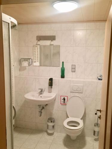 a bathroom with a toilet and a sink at Hotel Restaurant Parthenon in Otterbach