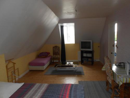 a attic room with a bed and a tv at Chambre meublée in Saint-Aubin-lès-Elbeuf