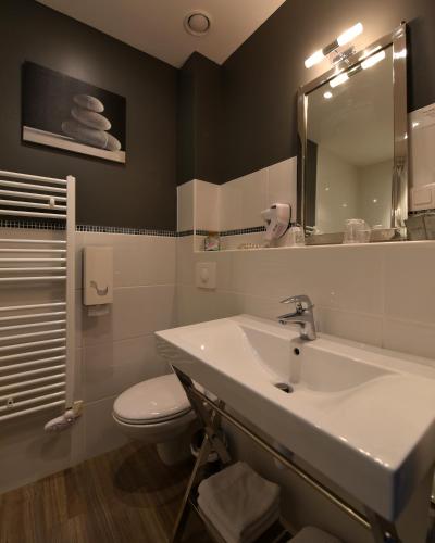 une salle de bain avec un lavabo, des toilettes et un miroir dans l'établissement Logis Hôtel Restaurant Le Castel Fleuri, à Saint-Jean-en-Royans
