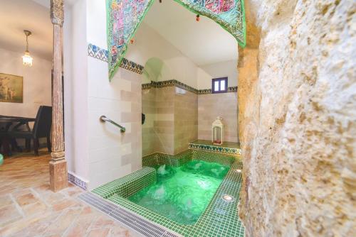 Casa Spa La Agueda y Robledo في Peñaflor: تجمع الماء الأخضر في الدش في الغرفة