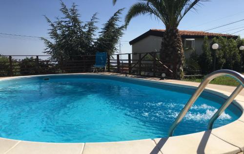 una piscina in un cortile con una palma di Dependance in villa, Etna, natura, relax a Nicolosi