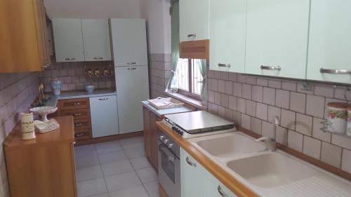 Punta Prosciutto apartments to rent في بونتا بروسسيوتو: مطبخ مع مغسلة وموقد