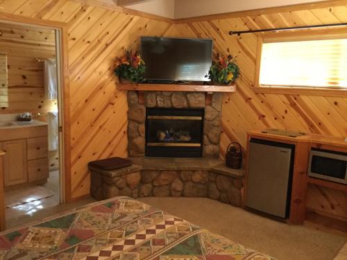 a living room with a fireplace and a tv at Giant Oaks Lodge in Running Springs