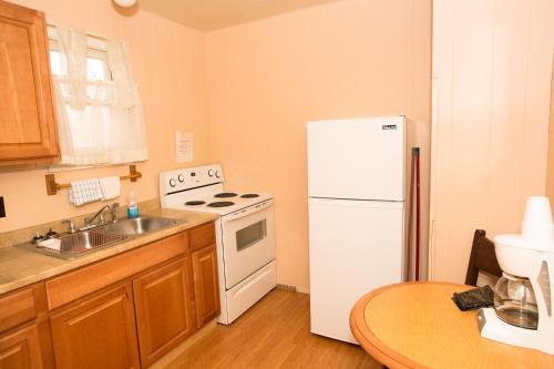 a kitchen with a white refrigerator and a sink at Z Bar Motel in Buffalo