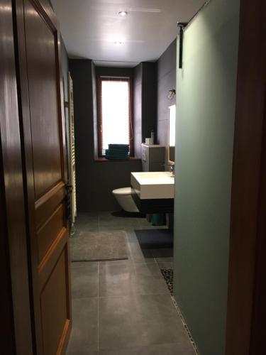 a bathroom with a sink and a toilet and a window at Le P'retzel & Le Sticksy in Riquewihr