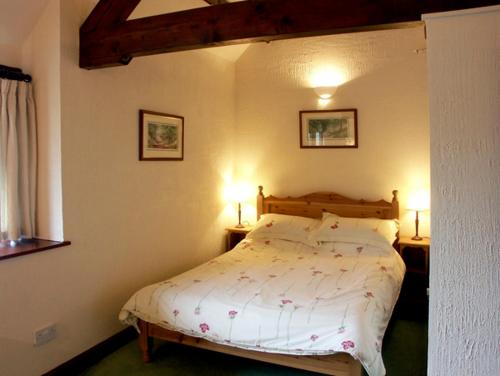 a bedroom with a bed with two lamps on it at Brook Cottage in Gillingham