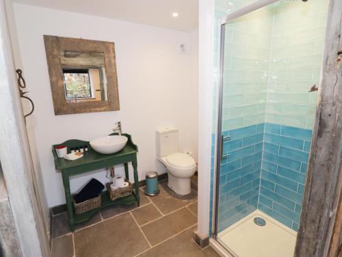 La salle de bains est pourvue de toilettes, d'un lavabo et d'une douche. dans l'établissement The Hayloft, à Ross-on-Wye