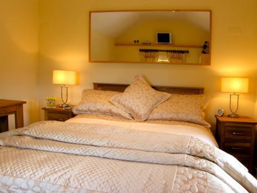 1 dormitorio con 1 cama con 2 lámparas y espejo en Valley View en Ross on Wye