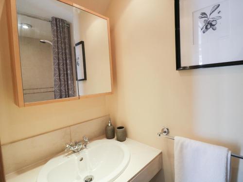 een badkamer met een wastafel en een spiegel bij October Cottage in Ripon