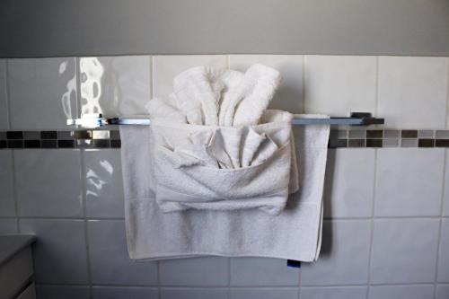 a bunch of towels on a towel rack in a bathroom at Valley View Luxury Retreat in Vacy