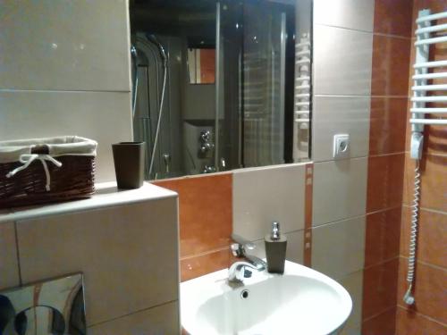 y baño con lavabo y espejo. en Apartmán Beta Podhájska, en Podhájska