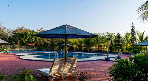 - deux chaises et un parasol à côté de la piscine dans l'établissement Amidhara Resort, à Sasan Gir