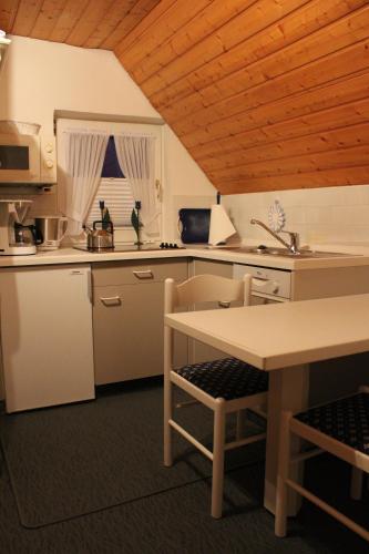 a kitchen with a table and chairs and a sink at Haus Kleemann in Norderney