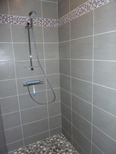 une douche avec un tuyau dans une salle de bain dans l'établissement Gites La Baie des Remparts Meublé Les Aigrettes, à Saint-Valery-sur-Somme