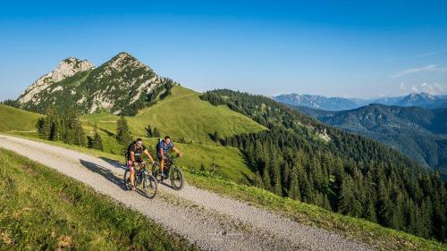 two people riding bikes on a mountain road at LandererMühle in Lenggries