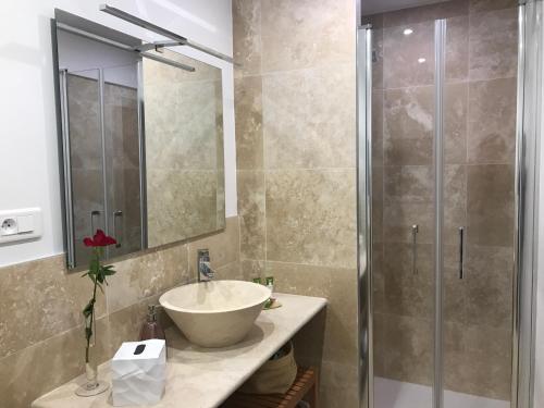 um banheiro com pia e chuveiro em Villa Kilauea B&B em Nice