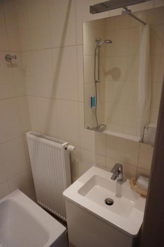 a white bathroom with a sink and a shower at Hotel Asiris in Bruges