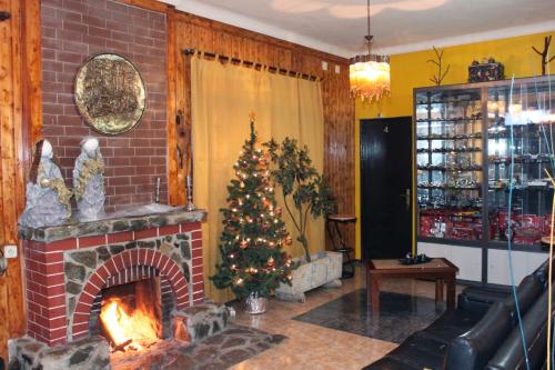 a christmas tree in a living room with a fireplace at Mikotania in Covilhã