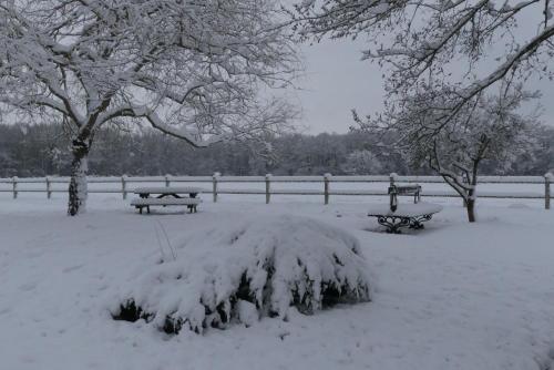 a park covered in snow with benches and trees at Chambres et Table d'Hôtes Les Machetières in Langeais