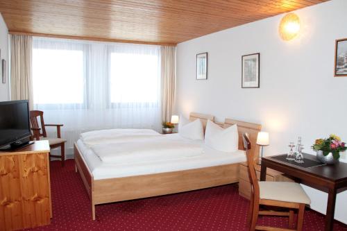 a bedroom with a bed and a desk and a television at Hotel an der Sonne in Schönwald