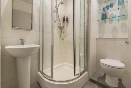 a bathroom with a shower and a toilet and a sink at No33 THORNHAM BOUTIQUE COTTAGE 3 in Thornham