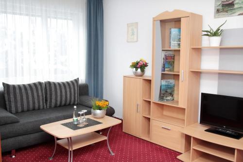 ein Wohnzimmer mit einem Sofa und einem TV in der Unterkunft Hotel an der Sonne in Schönwald