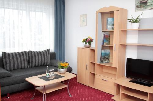 a living room with a couch and a tv at Hotel an der Sonne & Restaurant Zum Schneiger in Schonwald im Schwarzwald